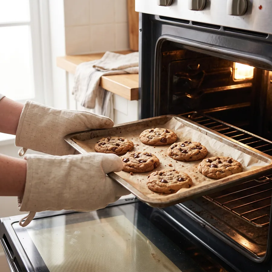 Manos con guantes de cocina sacando del horno una bandeja de cookies de chispas de chocolate
